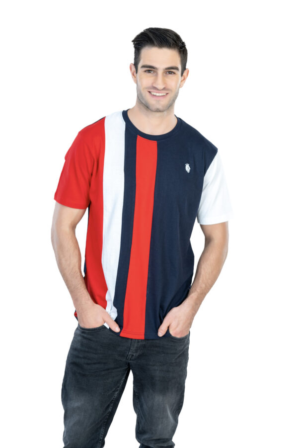 DF Basics: Men's 100% Cotton Round Neck T-Shirt for Casual Comfort - Red, Navy Blue & White Shirt